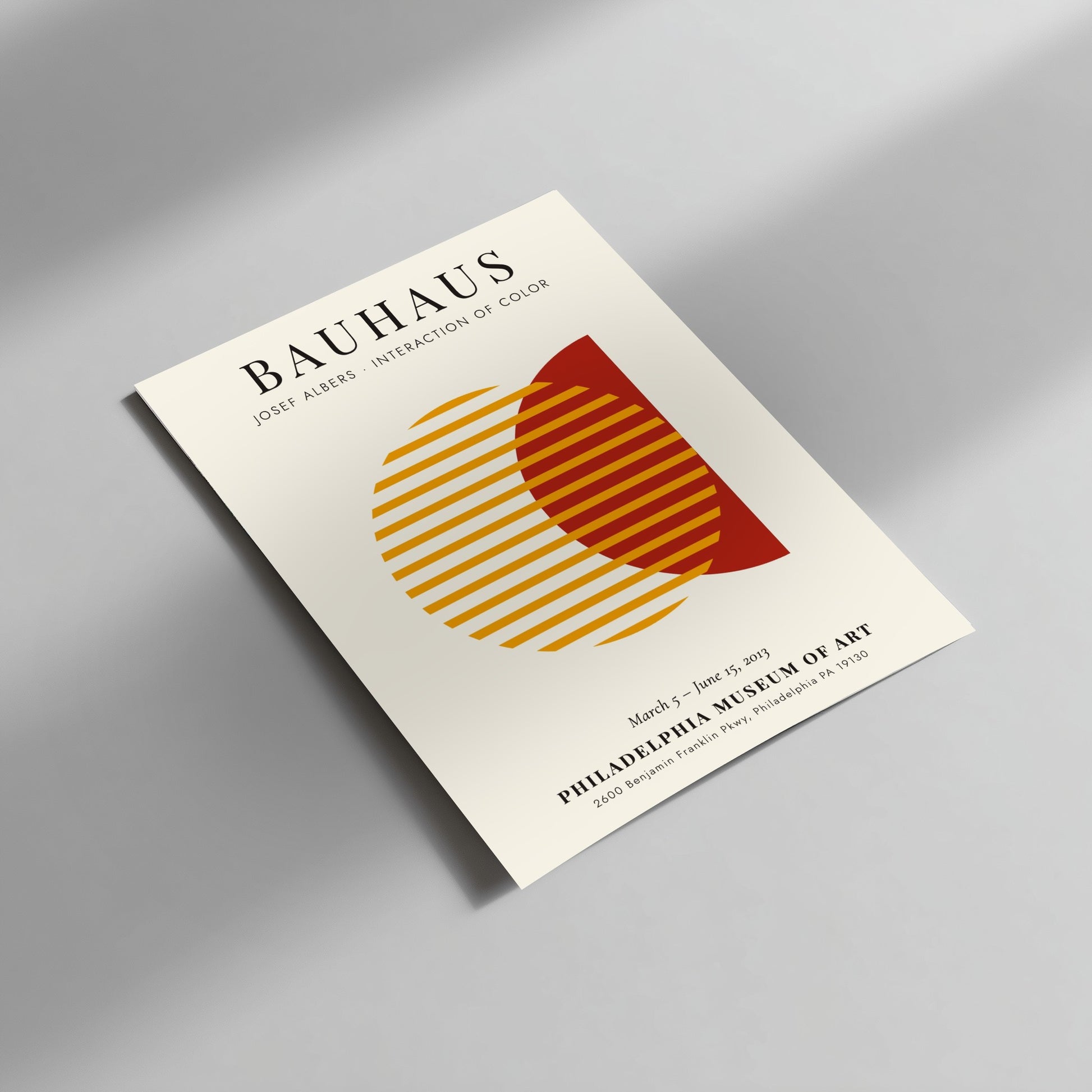 Bauhaus poster featuring Josef Albers' color interaction, geometric design with warm hues and modern style.