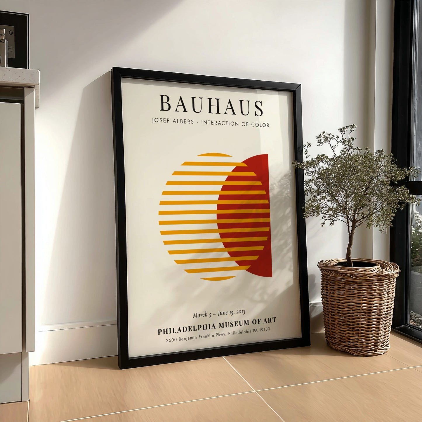 Bauhaus poster featuring Josef Albers' color interaction, geometric design with warm hues and modern style.
