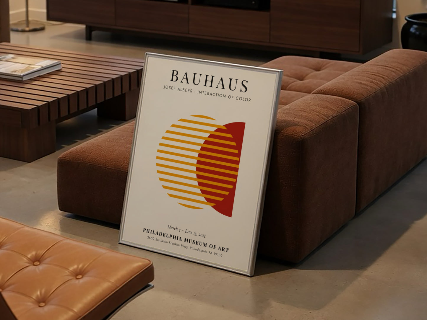 Bauhaus poster featuring Josef Albers' color interaction, geometric design with warm hues and modern style.