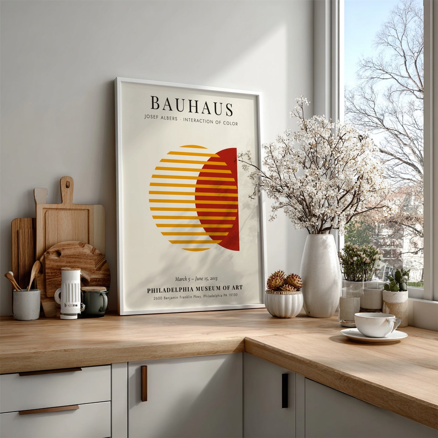 Bauhaus poster featuring Josef Albers' color interaction, geometric design with warm hues and modern style.