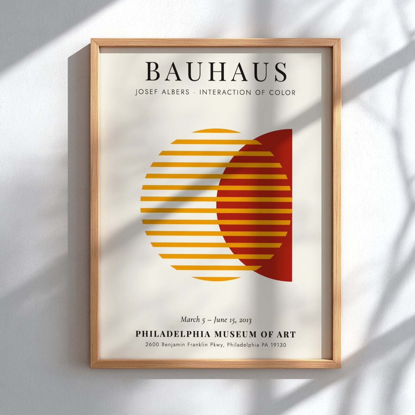 Bauhaus poster featuring Josef Albers' color interaction, geometric design with warm hues and modern style.