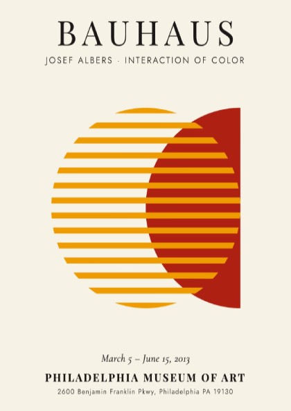 Bauhaus poster featuring Josef Albers' color interaction, geometric design with warm hues and modern style.