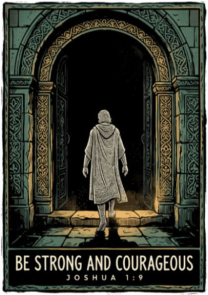 Poster featuring a figure walking through a stone archway with Be Strong and Courageous.