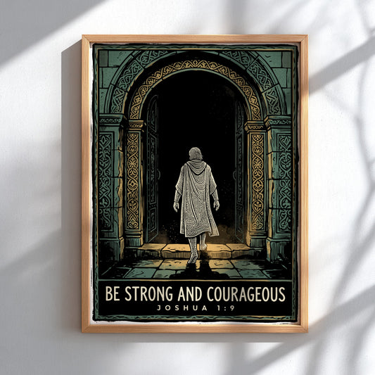 Poster featuring a figure walking through a stone archway with Be Strong and Courageous.