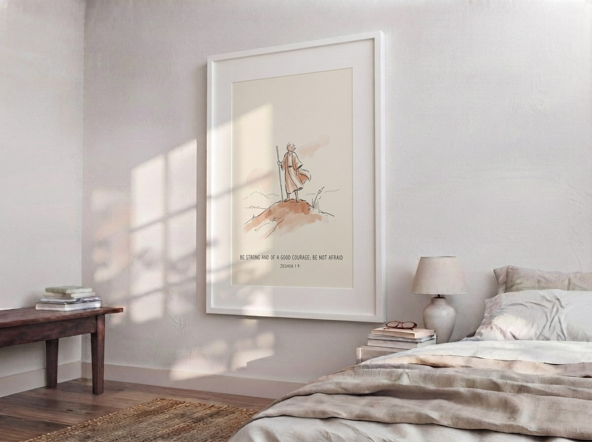 Minimalist watercolour poster showing a figure on a hill with Joshua 1 9 text.