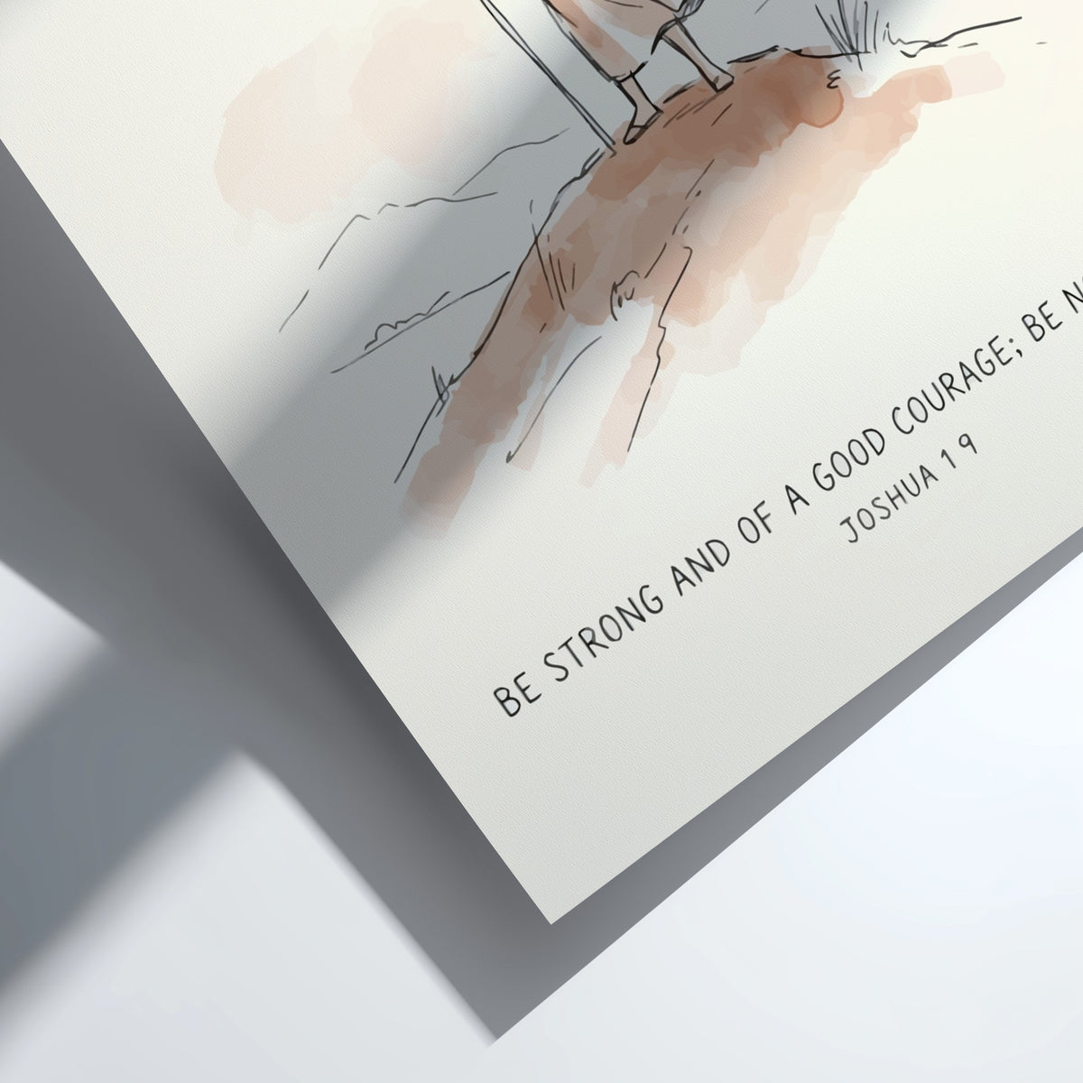 Minimalist watercolour poster showing a figure on a hill with Joshua 1 9 text.