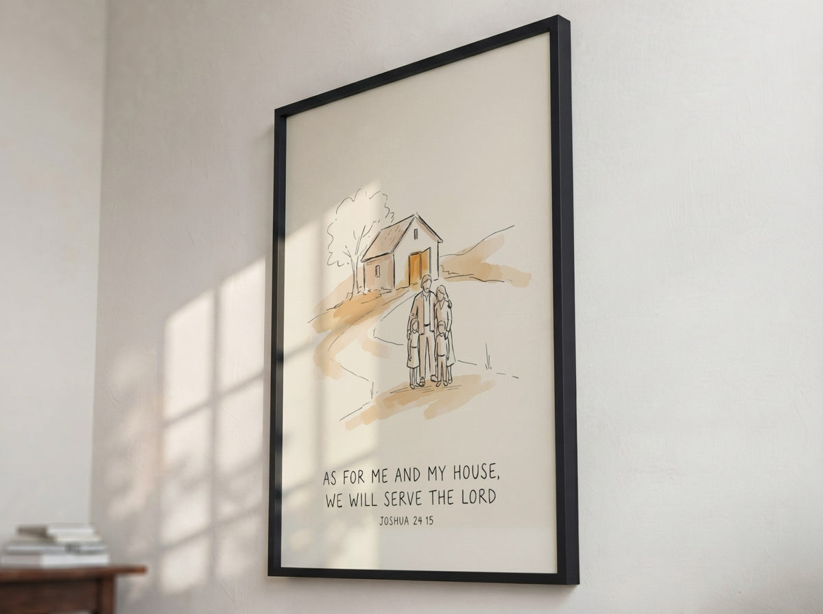 Poster featuring a hand-drawn family standing before a house with faith-based text in soft neutral tones.