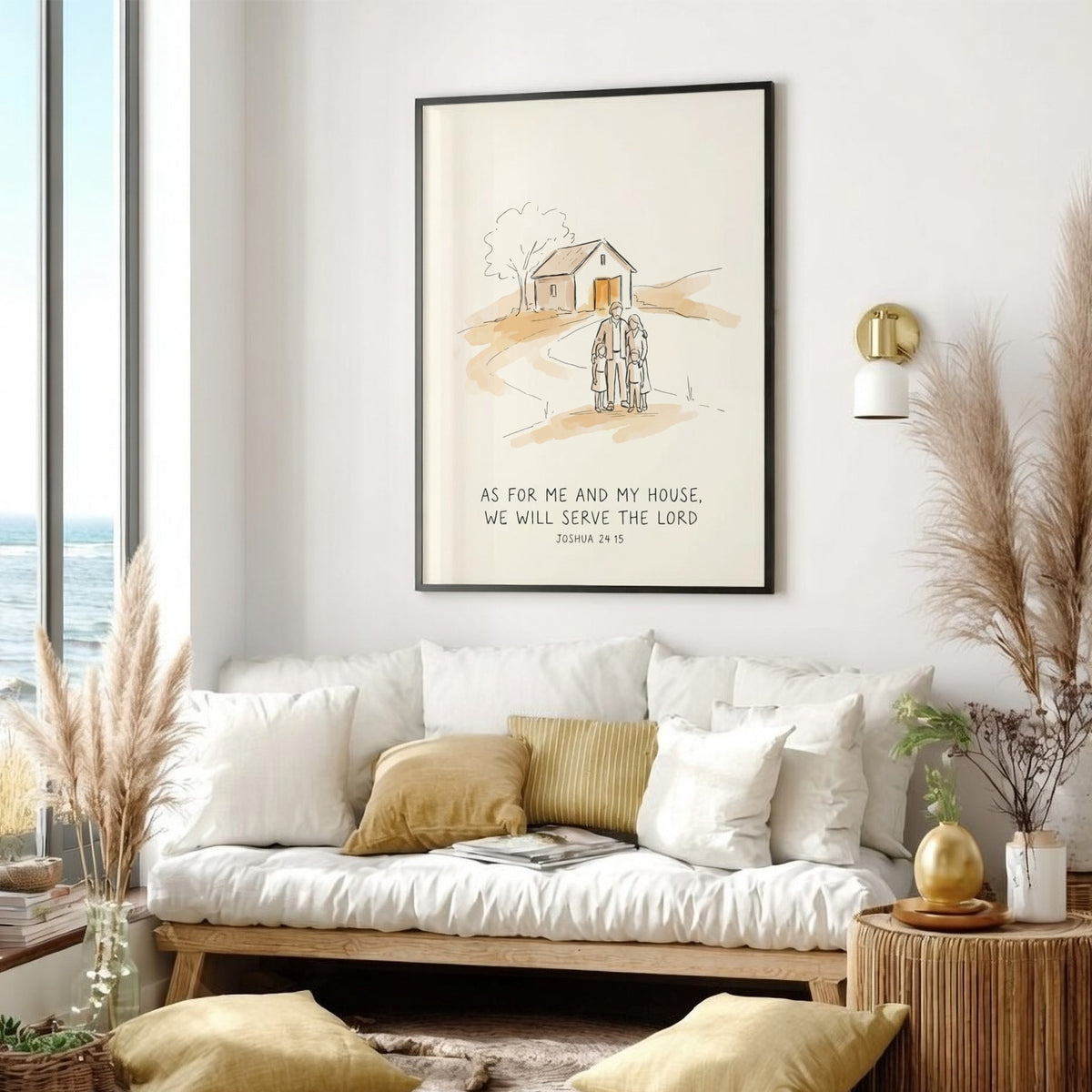 Poster featuring a hand-drawn family standing before a house with faith-based text in soft neutral tones.