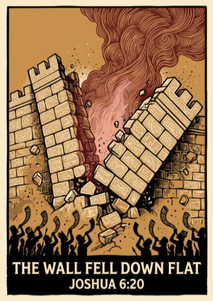 Poster featuring the wall fell down flat illustration with crumbling stone and horn-blowing figures.