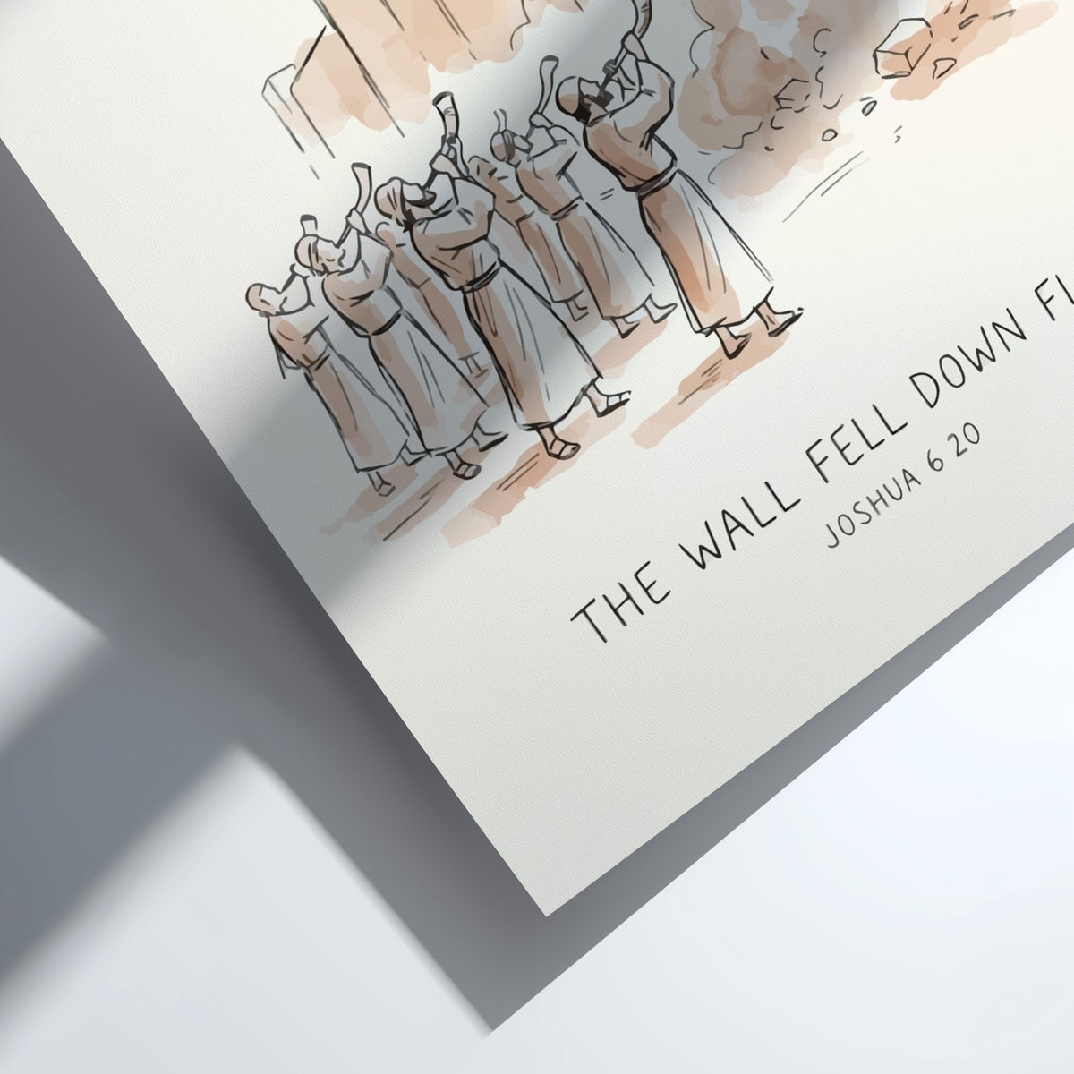 Poster featuring hand-drawn illustration of the biblical scene where city walls fall down flat
