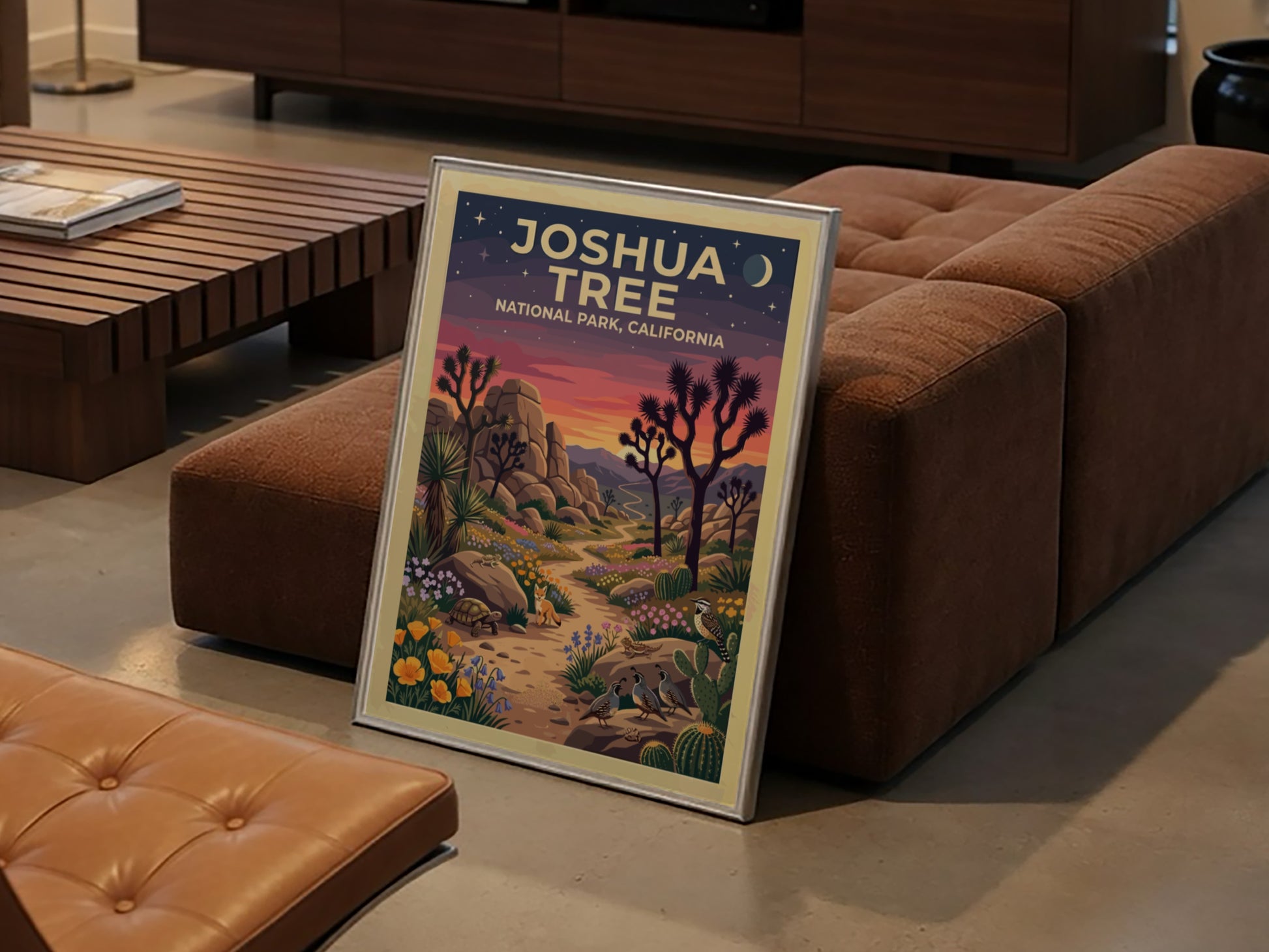 Travel poster of Joshua Tree National Park featuring desert wildlife and sunset colors