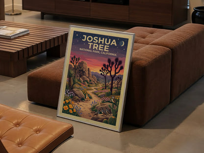 Travel poster of Joshua Tree National Park featuring desert wildlife and sunset colors