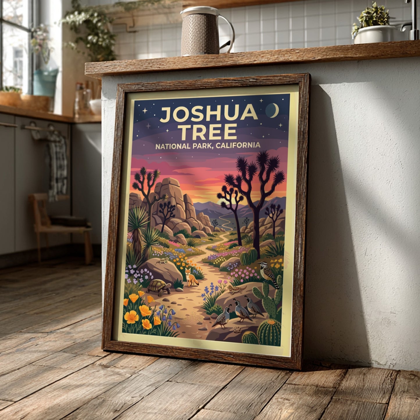 Travel poster of Joshua Tree National Park featuring desert wildlife and sunset colors