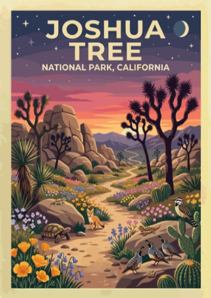Travel poster of Joshua Tree National Park featuring desert wildlife and sunset colors