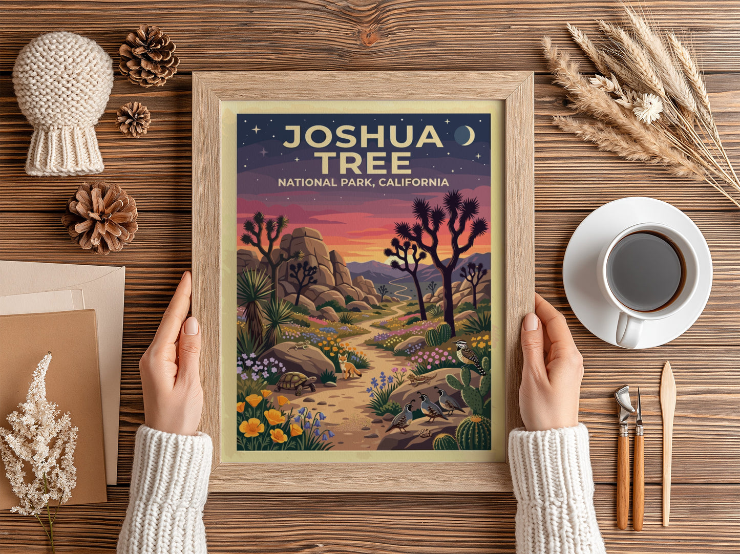 Travel poster of Joshua Tree National Park featuring desert wildlife and sunset colors