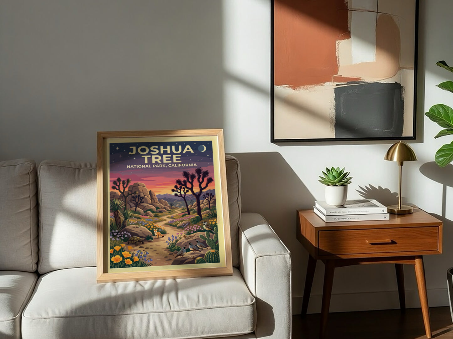 Travel poster of Joshua Tree National Park featuring desert wildlife and sunset colors
