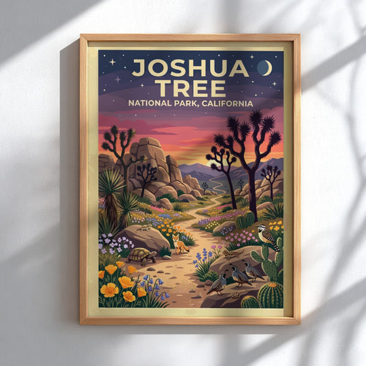 Travel poster of Joshua Tree National Park featuring desert wildlife and sunset colors