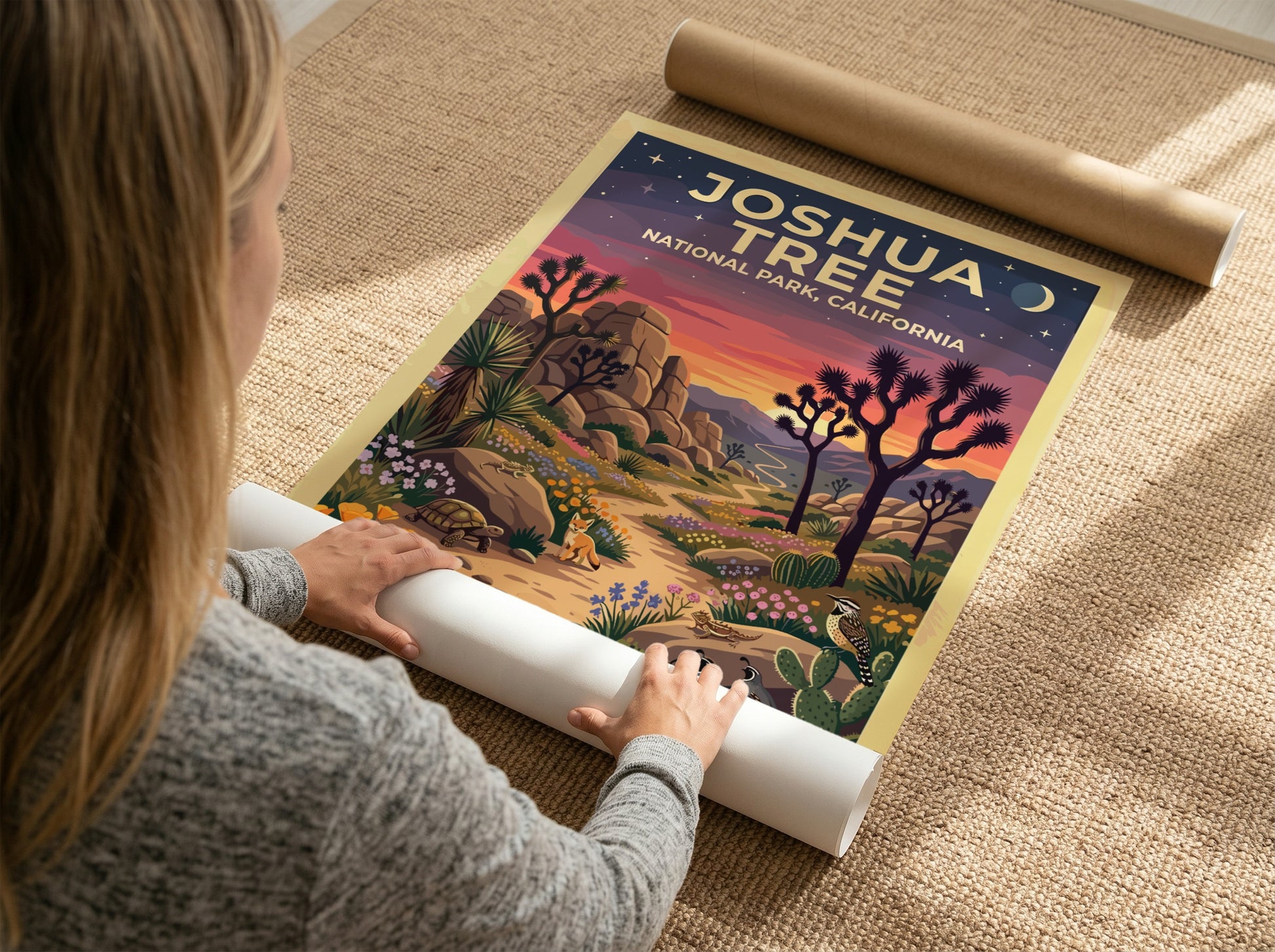 Travel poster of Joshua Tree National Park featuring desert wildlife and sunset colors