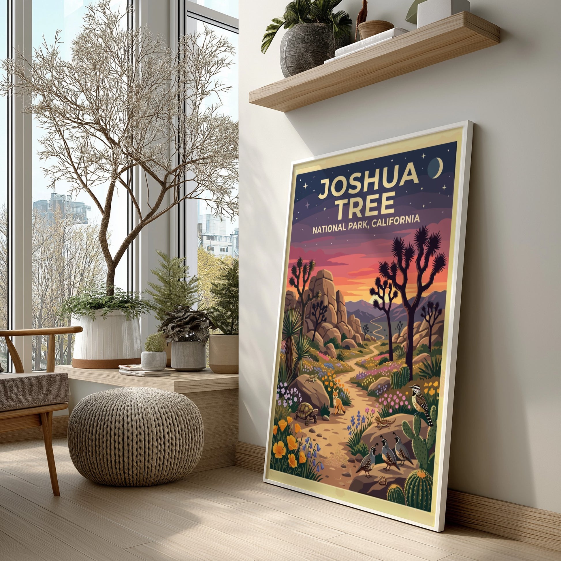 Travel poster of Joshua Tree National Park featuring desert wildlife and sunset colors