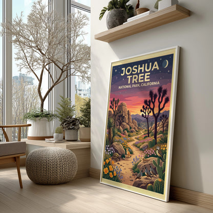 Travel poster of Joshua Tree National Park featuring desert wildlife and sunset colors