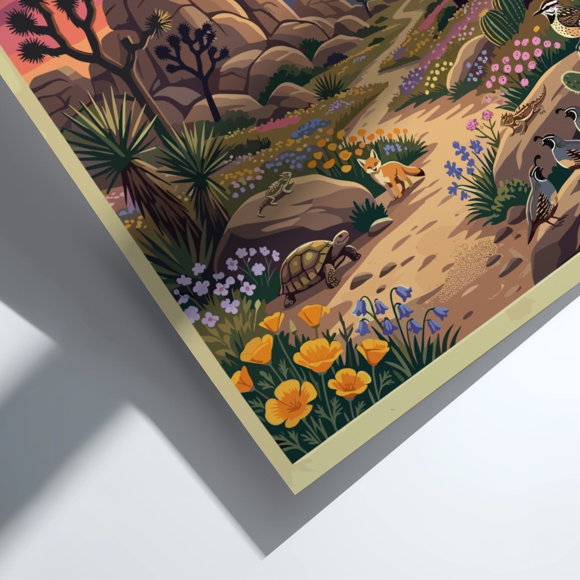 Travel poster of Joshua Tree National Park featuring desert wildlife and sunset colors