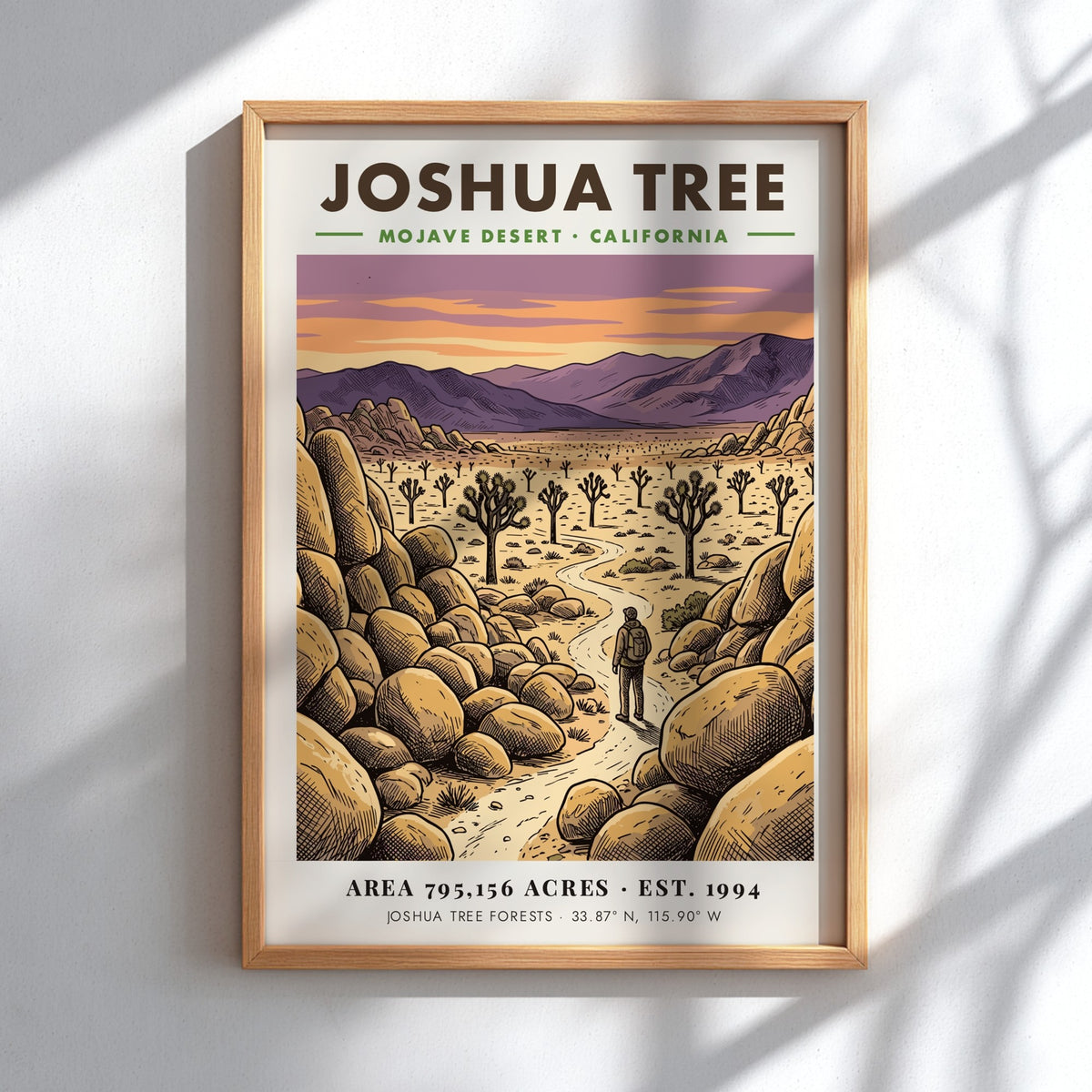 Poster of Joshua Tree in the Mojave Desert with a hiker and mountains.