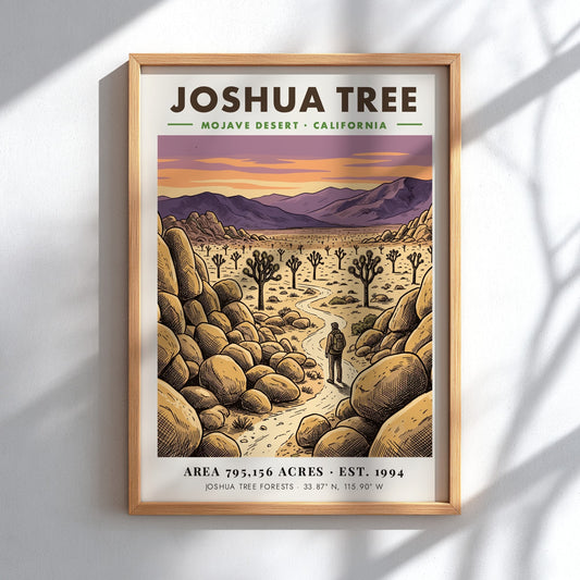 Poster of Joshua Tree in the Mojave Desert with a hiker and mountains.