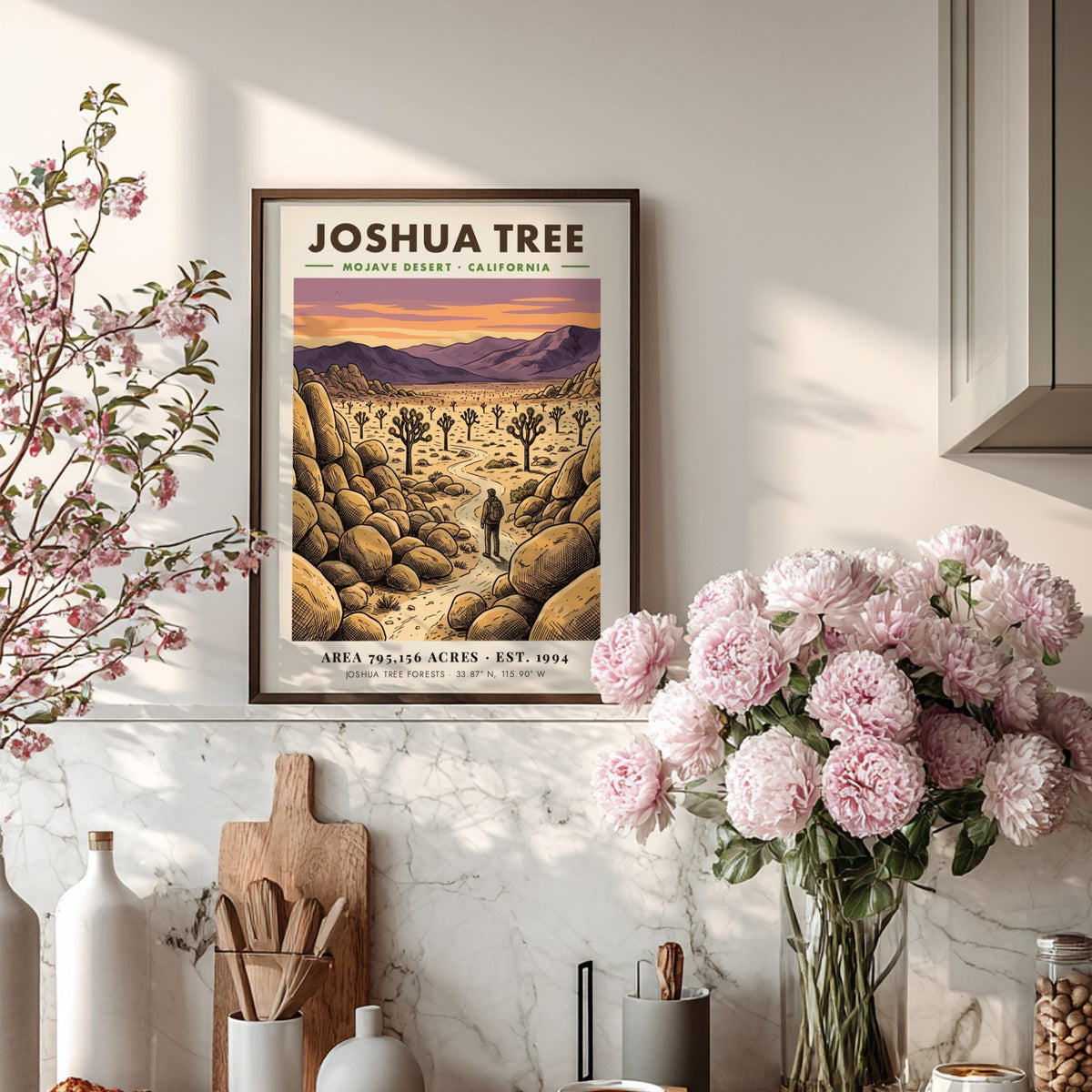 Poster of Joshua Tree in the Mojave Desert with a hiker and mountains.