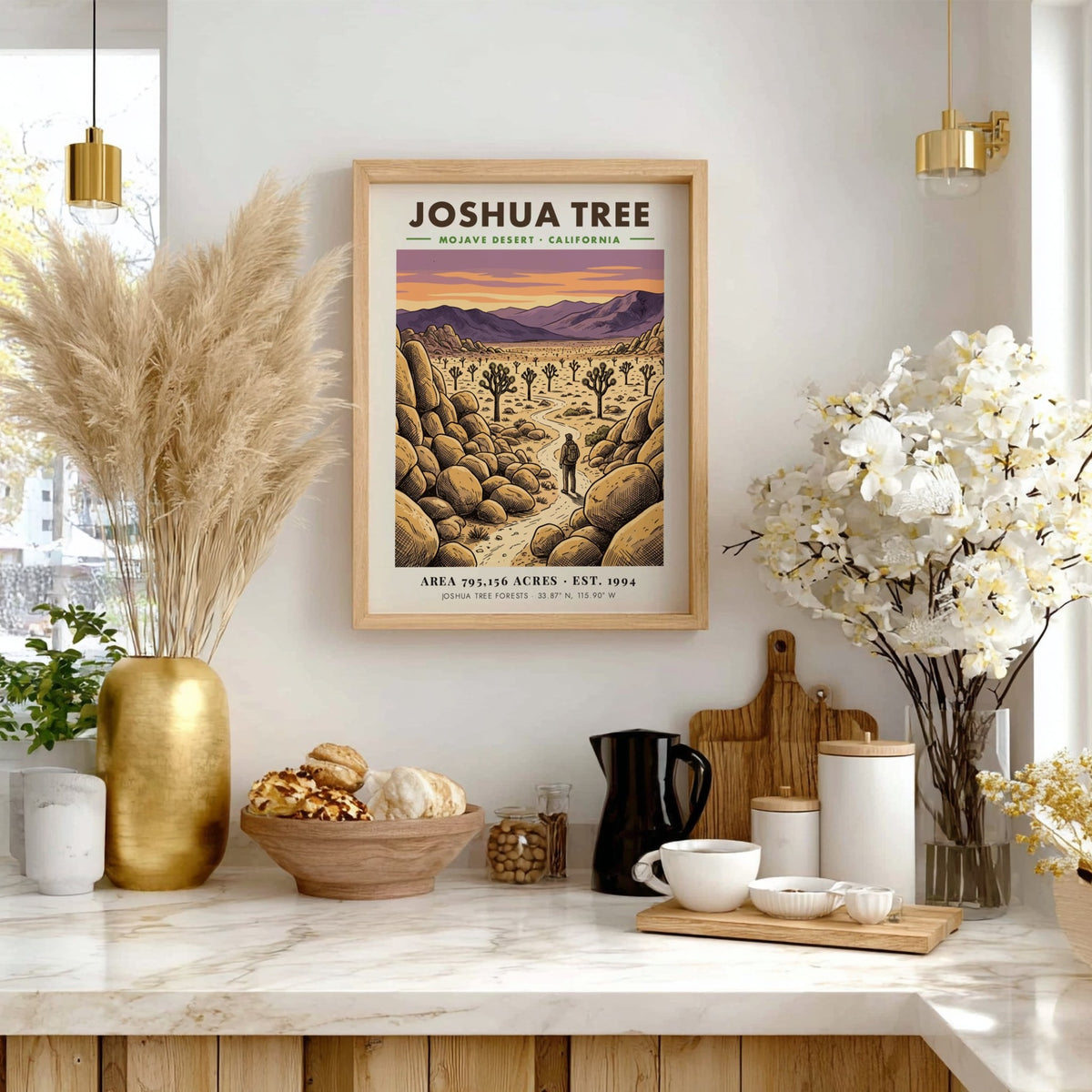 Poster of Joshua Tree in the Mojave Desert with a hiker and mountains.