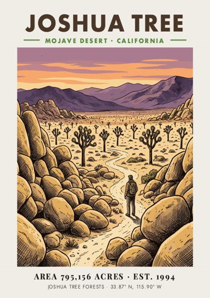 Poster of Joshua Tree in the Mojave Desert with a hiker and mountains.