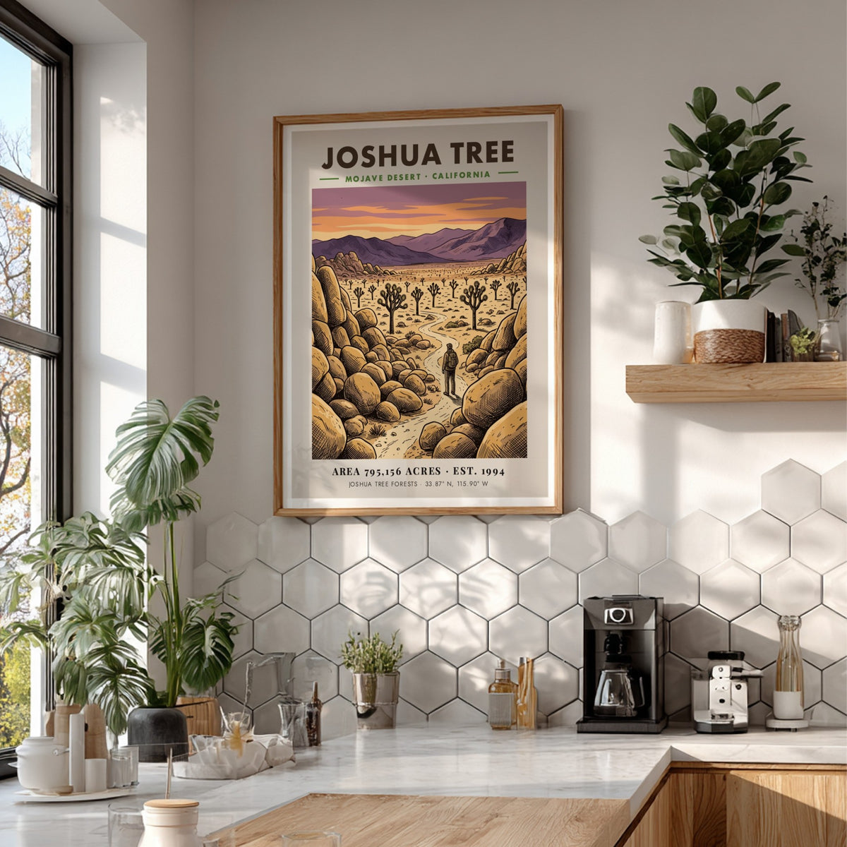 Poster of Joshua Tree in the Mojave Desert with a hiker and mountains.