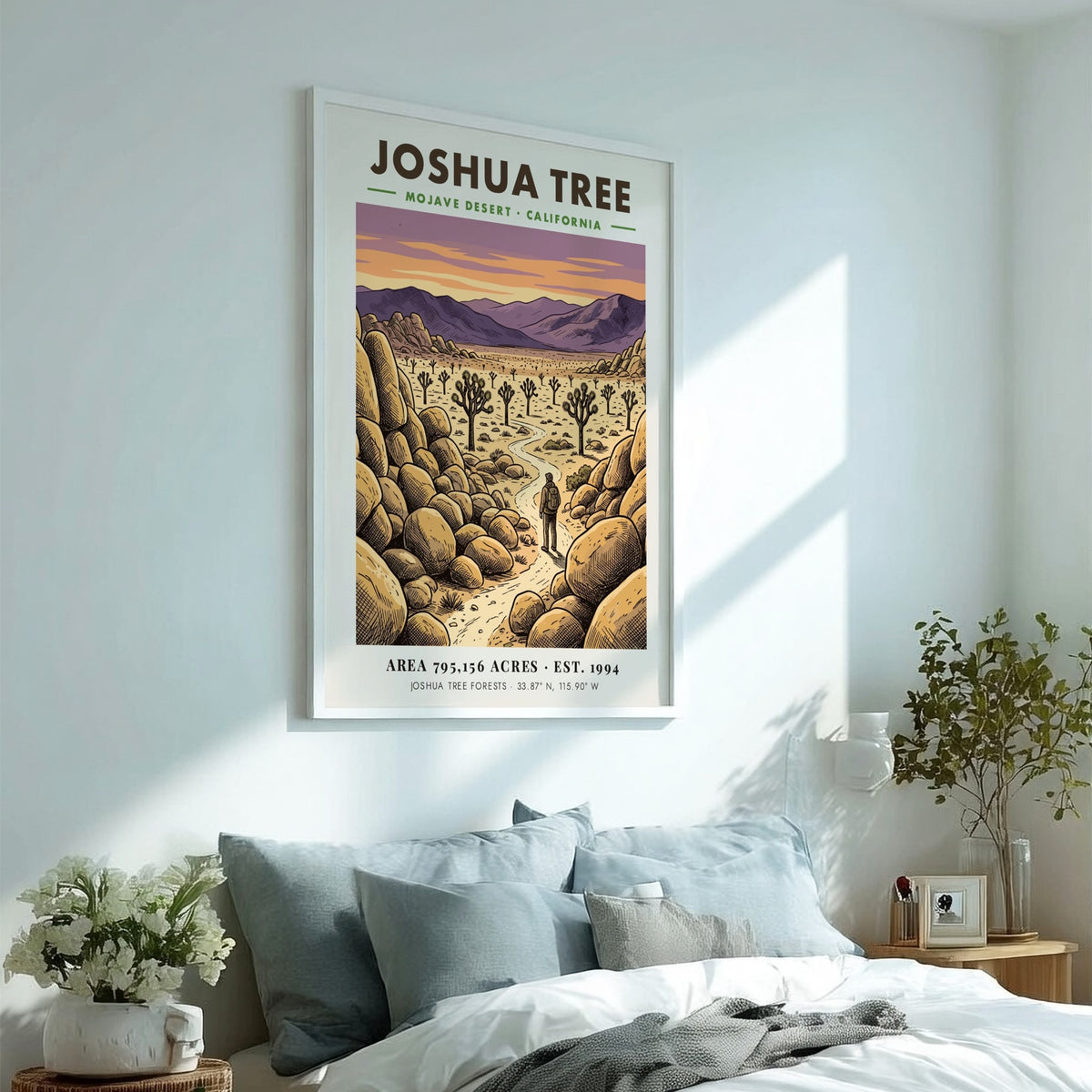 Poster of Joshua Tree in the Mojave Desert with a hiker and mountains.