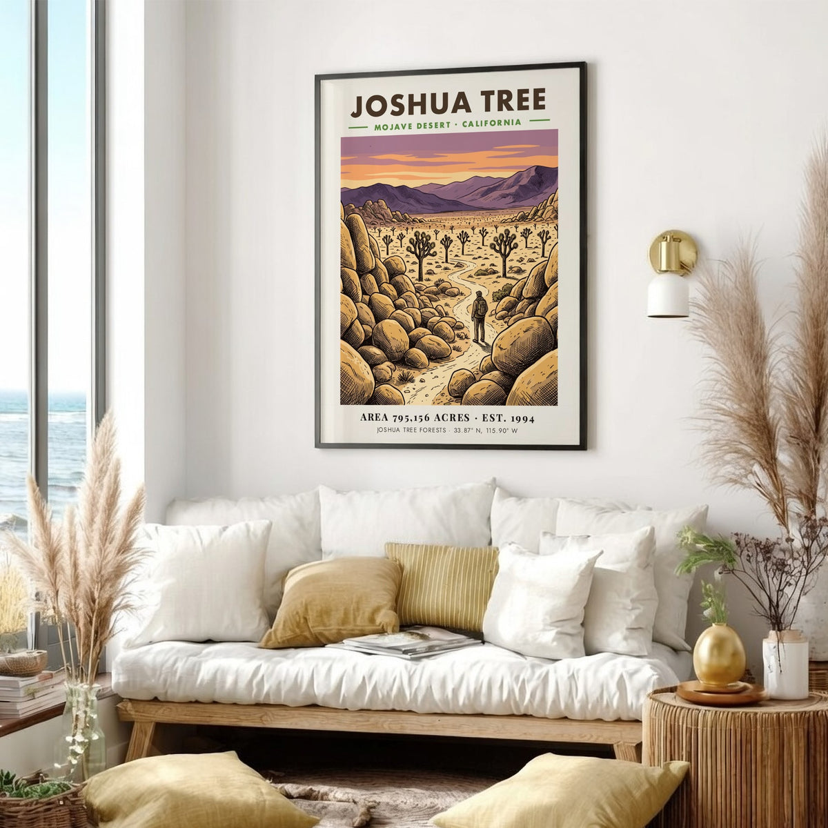 Poster of Joshua Tree in the Mojave Desert with a hiker and mountains.