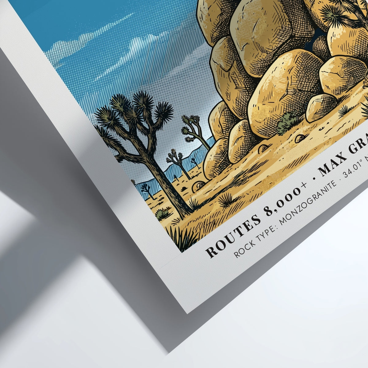 Poster of a climber on monzogranite boulders in Joshua Tree with desert trees