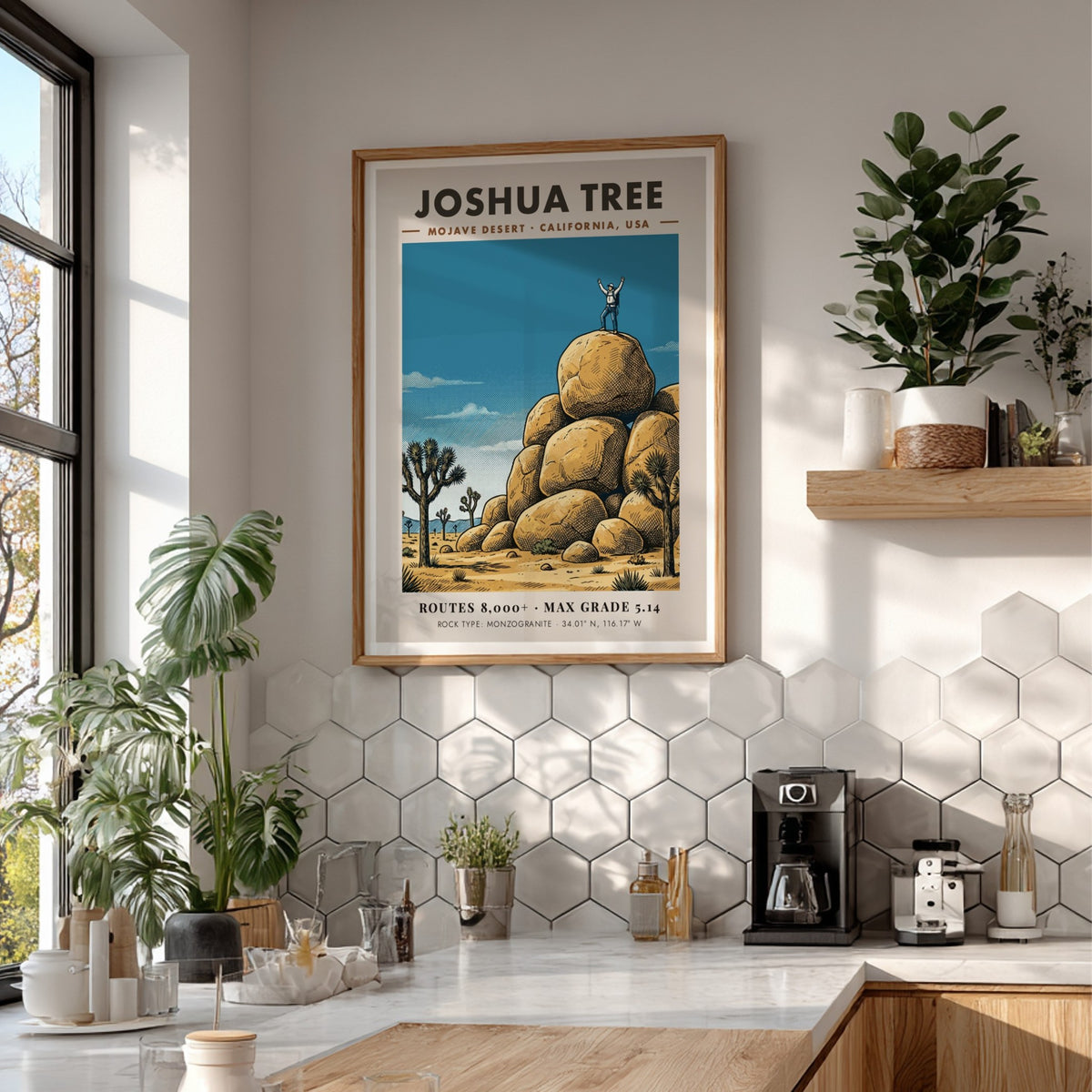 Poster of a climber on monzogranite boulders in Joshua Tree with desert trees