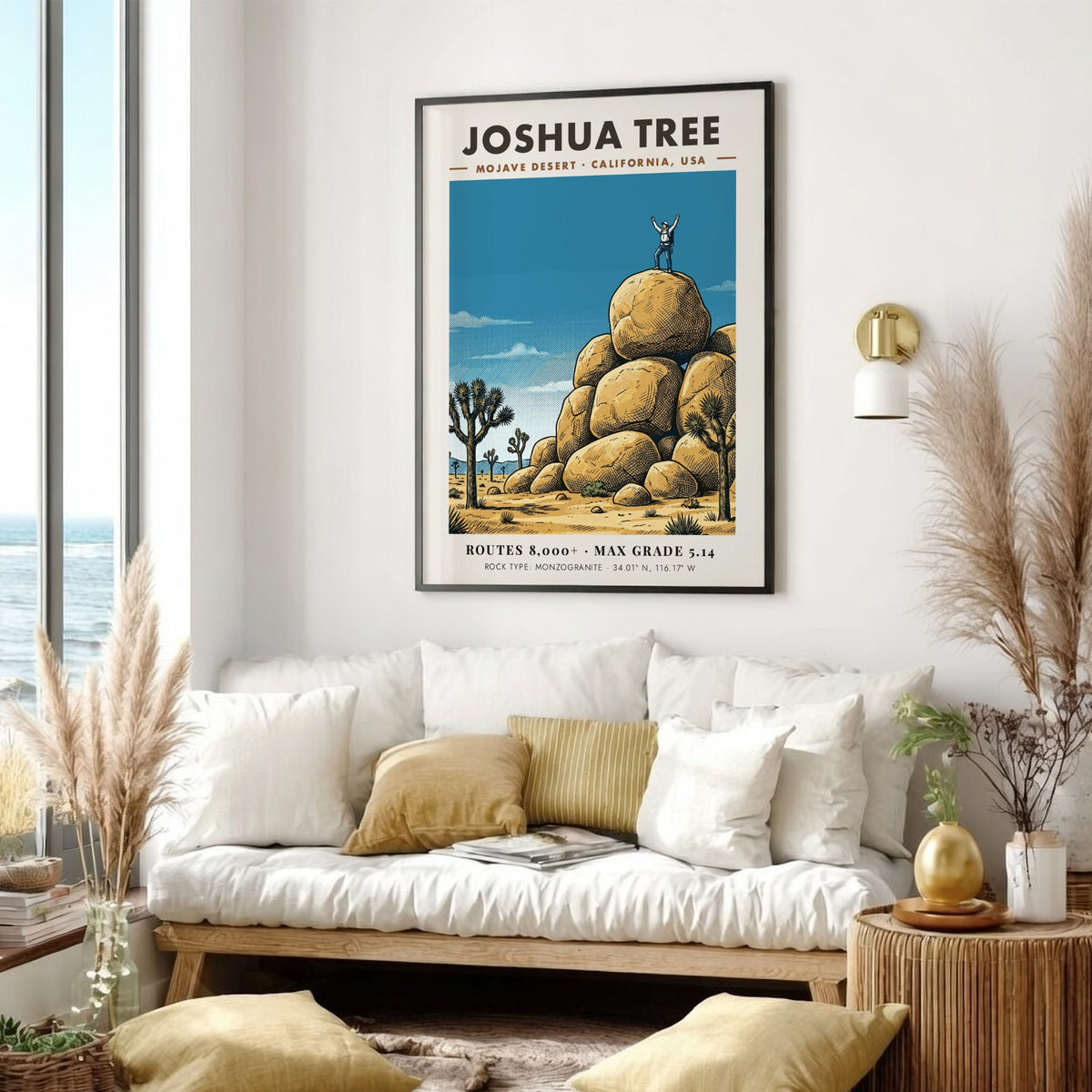 Poster of a climber on monzogranite boulders in Joshua Tree with desert trees