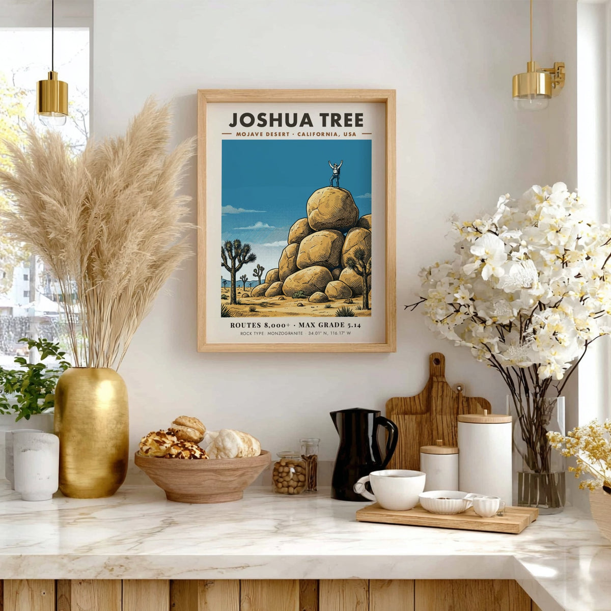 Poster of a climber on monzogranite boulders in Joshua Tree with desert trees