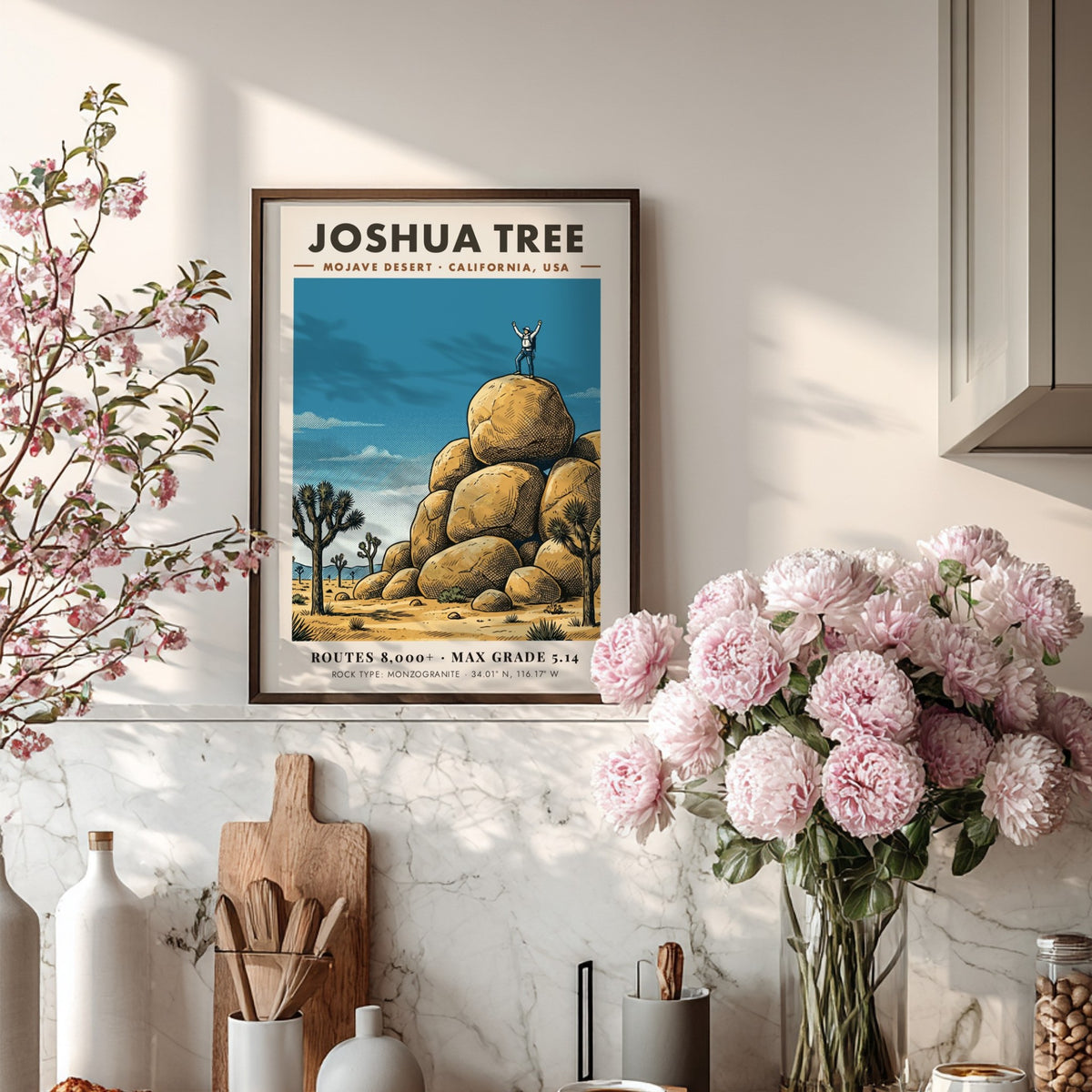 Poster of a climber on monzogranite boulders in Joshua Tree with desert trees