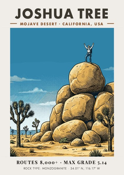 Poster of a climber on monzogranite boulders in Joshua Tree with desert trees