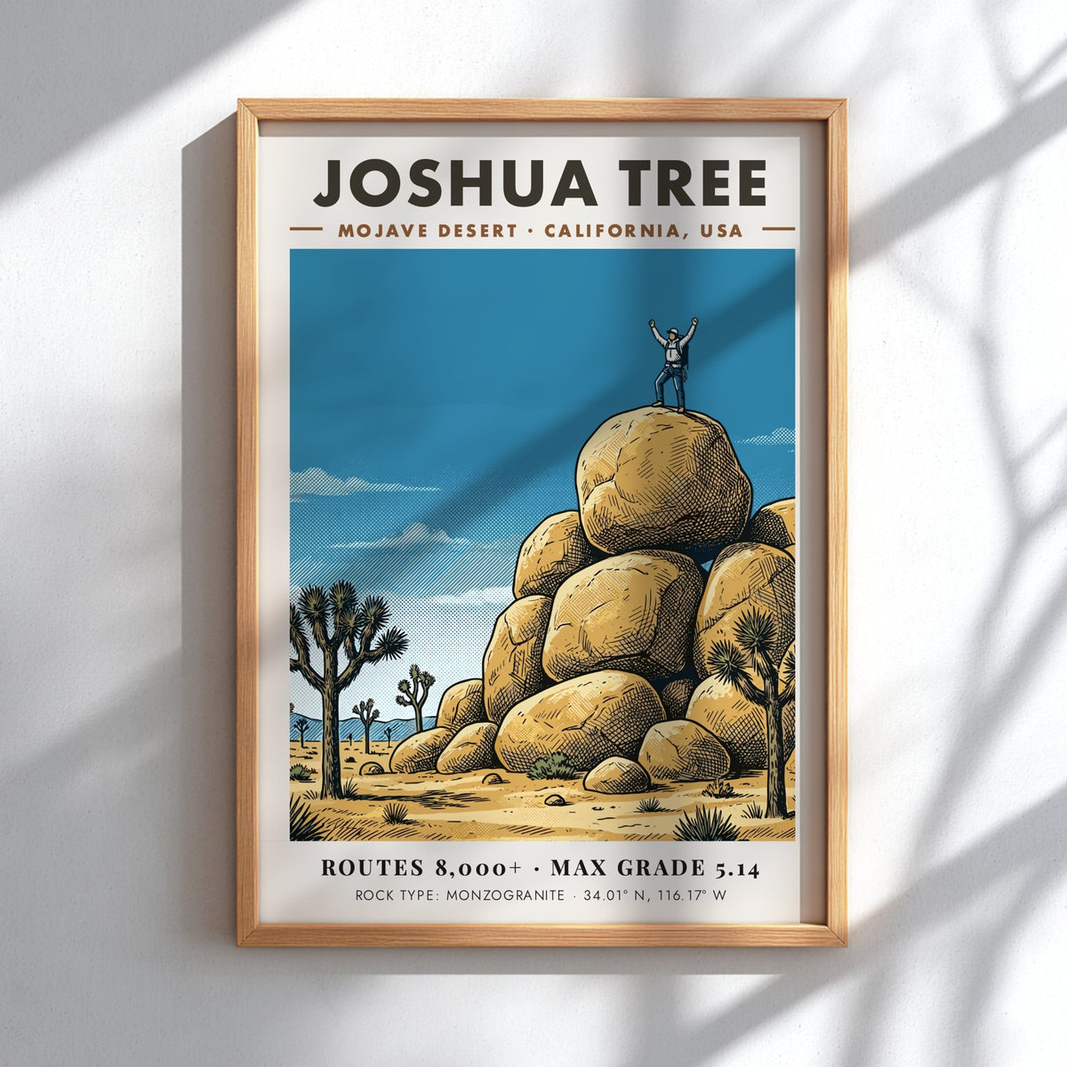 Poster of a climber on monzogranite boulders in Joshua Tree with desert trees