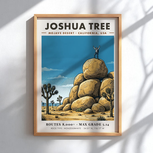 Poster of a climber on monzogranite boulders in Joshua Tree with desert trees