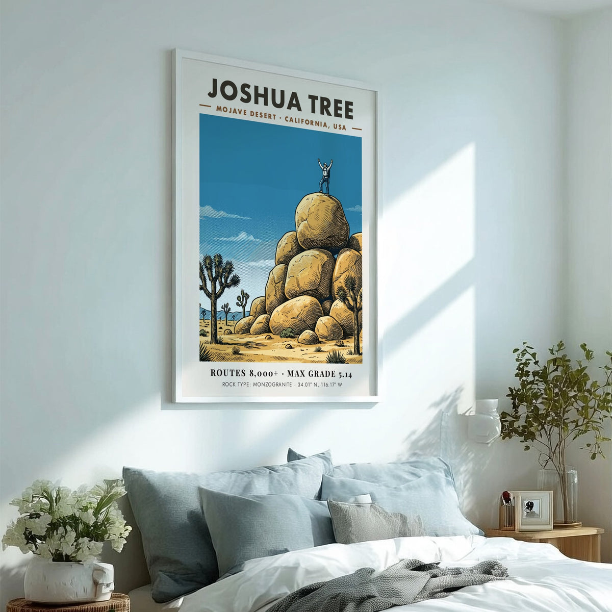 Poster of a climber on monzogranite boulders in Joshua Tree with desert trees
