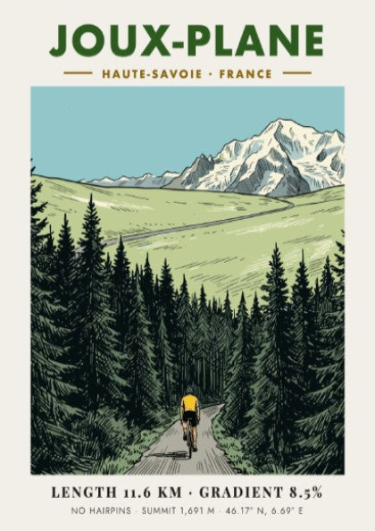 Poster of a cyclist climbing the winding road toward the snowy Joux-Plane mountain.