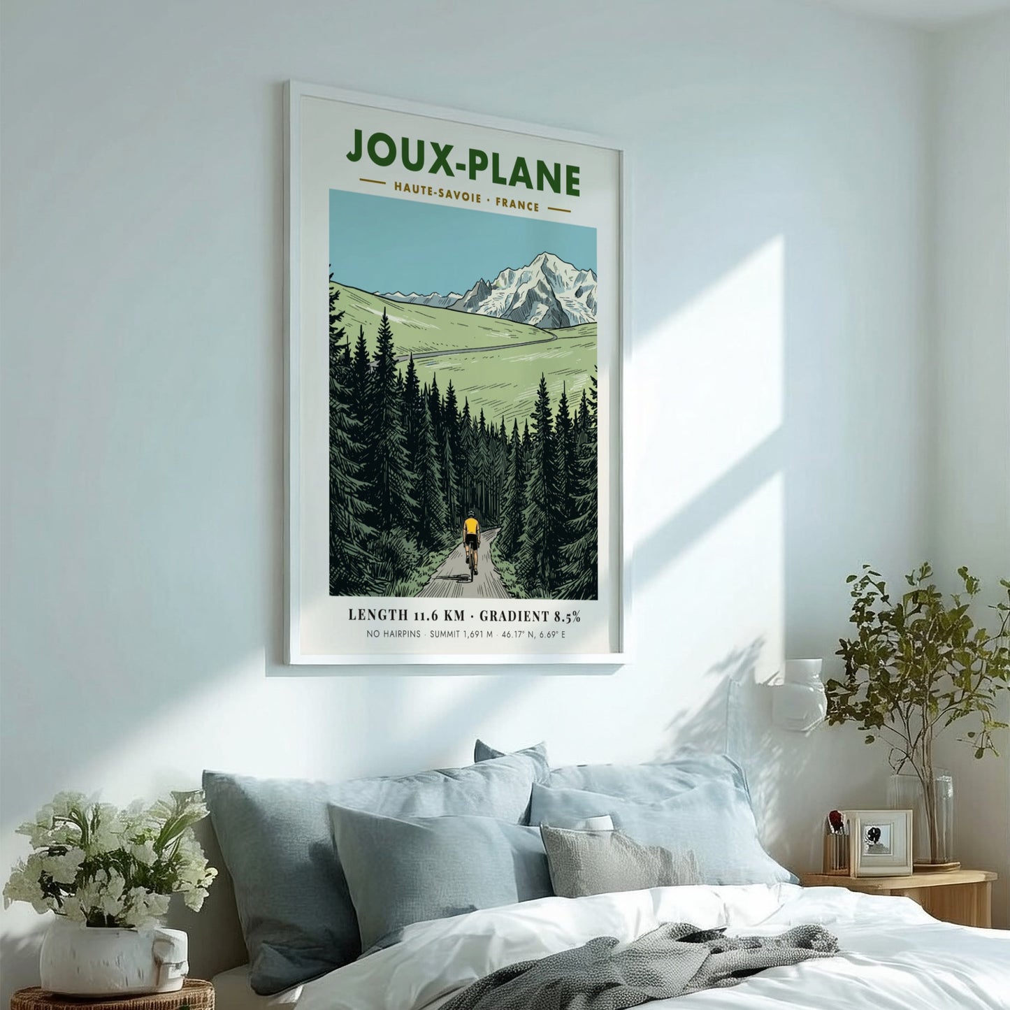 Poster of a cyclist climbing the winding road toward the snowy Joux-Plane mountain.