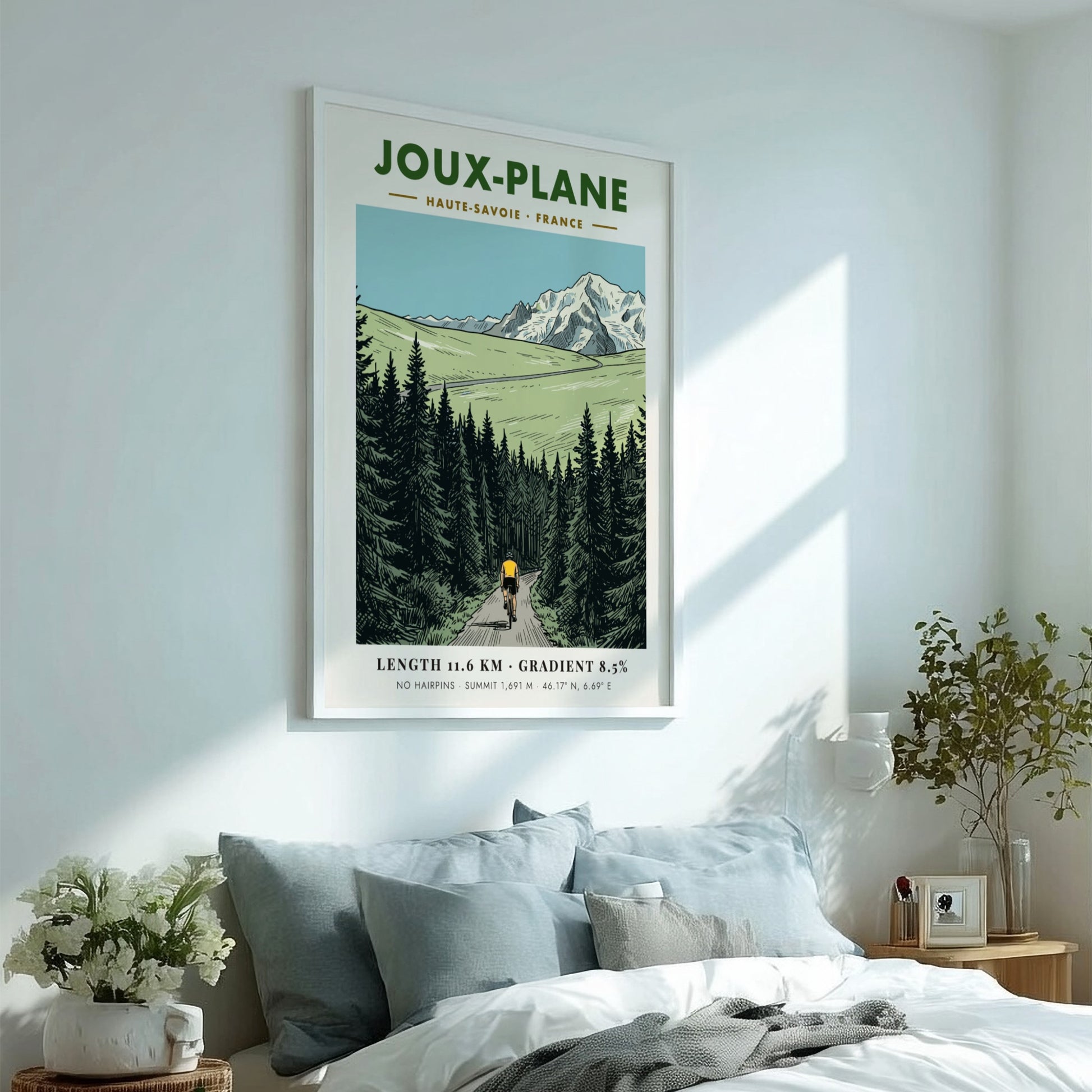 Poster of a cyclist climbing the winding road toward the snowy Joux-Plane mountain.