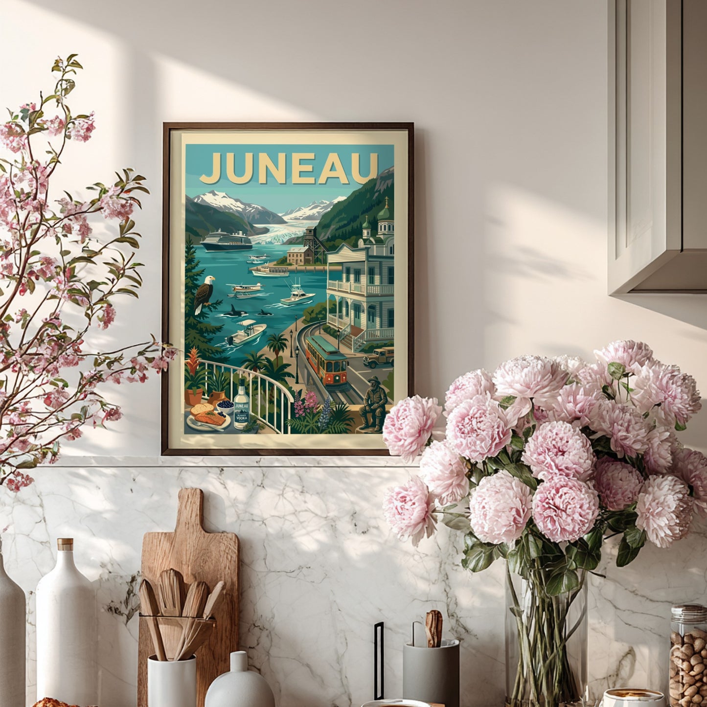 Vintage Juneau travel poster with cruise ship, mountains, and wildlife in a retro art style.