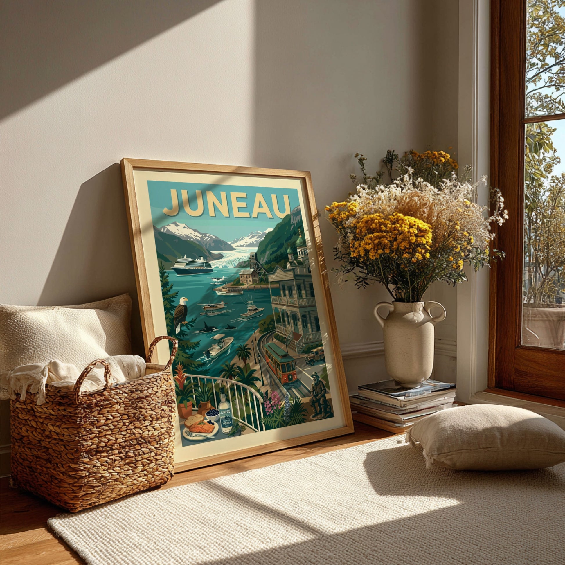 Vintage Juneau travel poster with cruise ship, mountains, and wildlife in a retro art style.