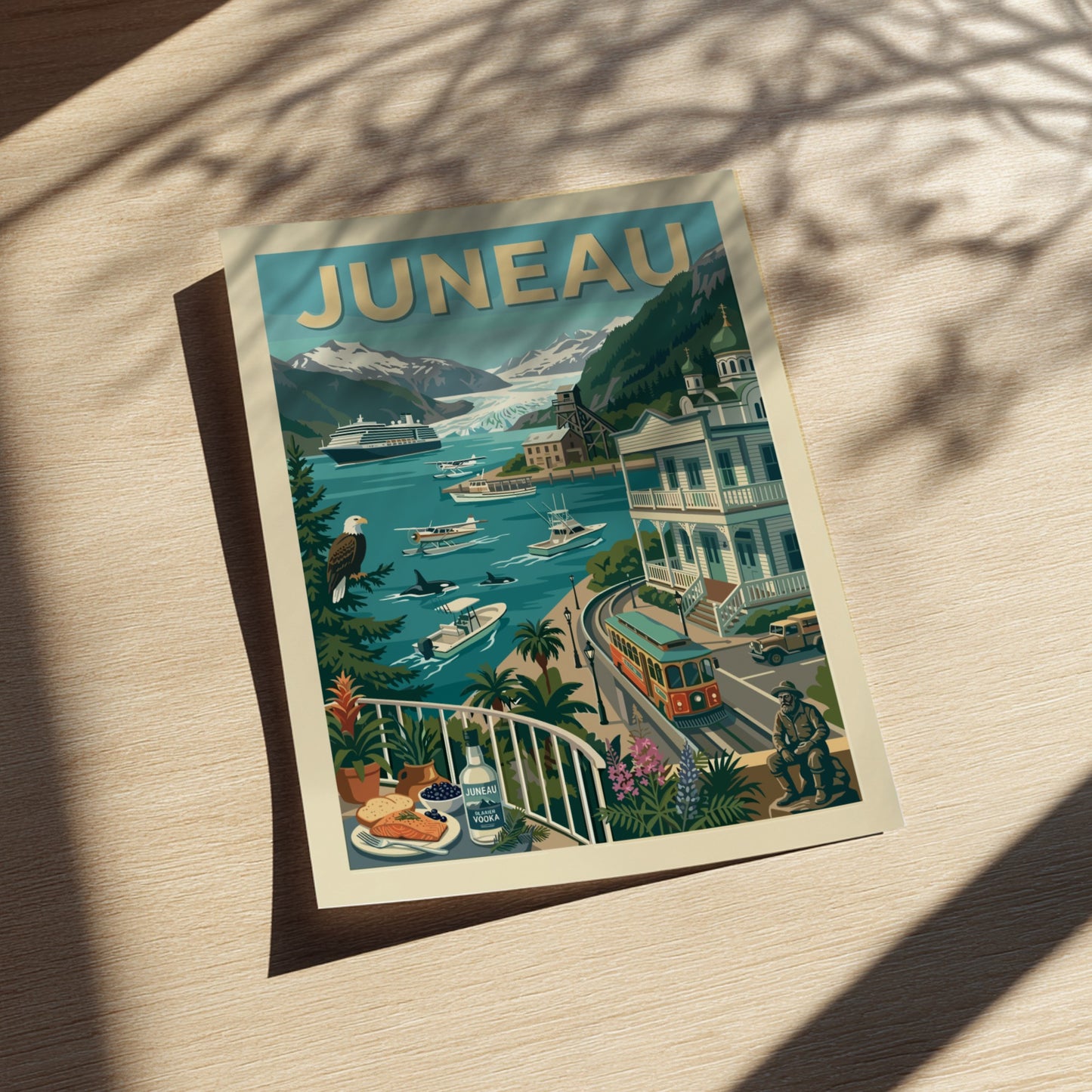 Vintage Juneau travel poster with cruise ship, mountains, and wildlife in a retro art style.