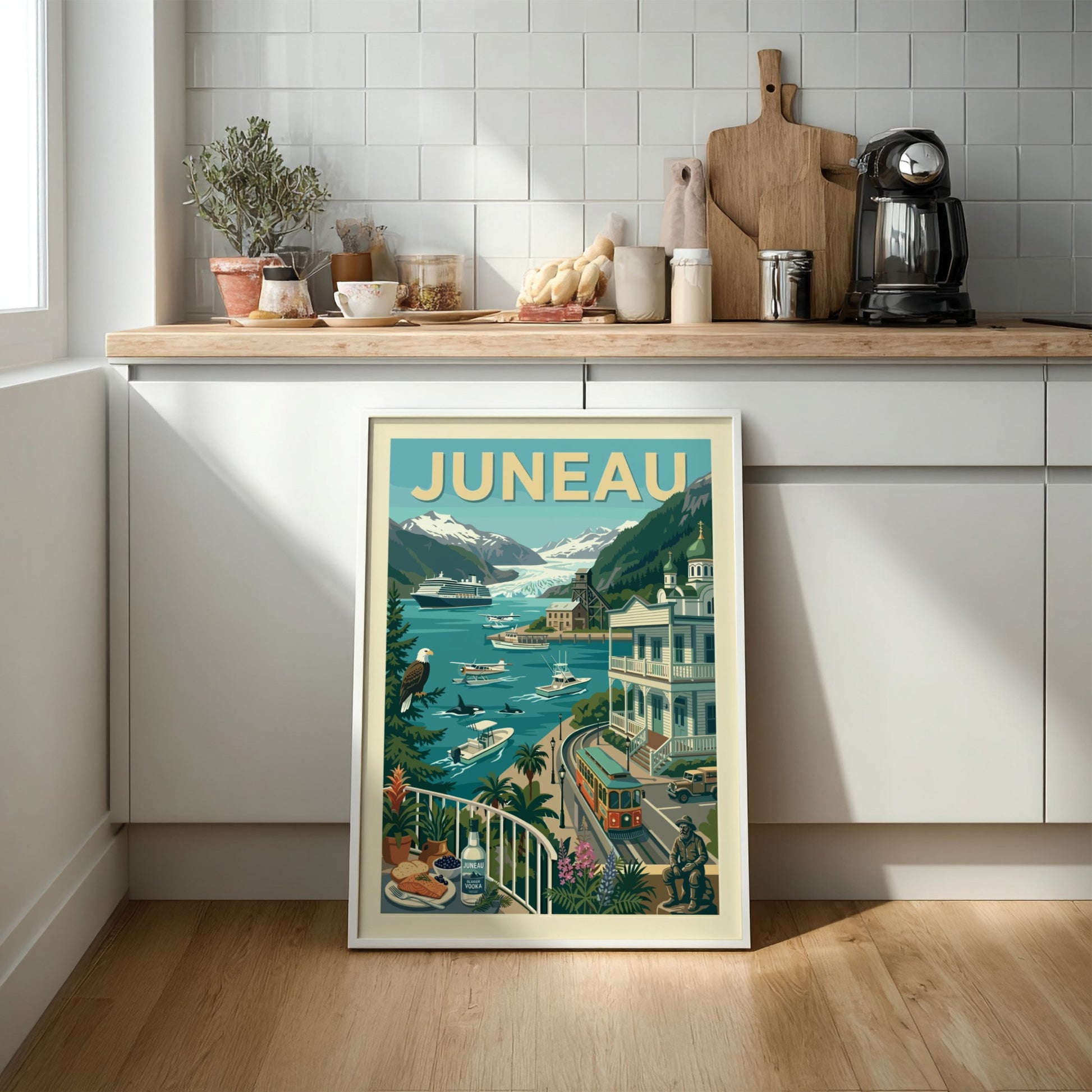Vintage Juneau travel poster with cruise ship, mountains, and wildlife in a retro art style.
