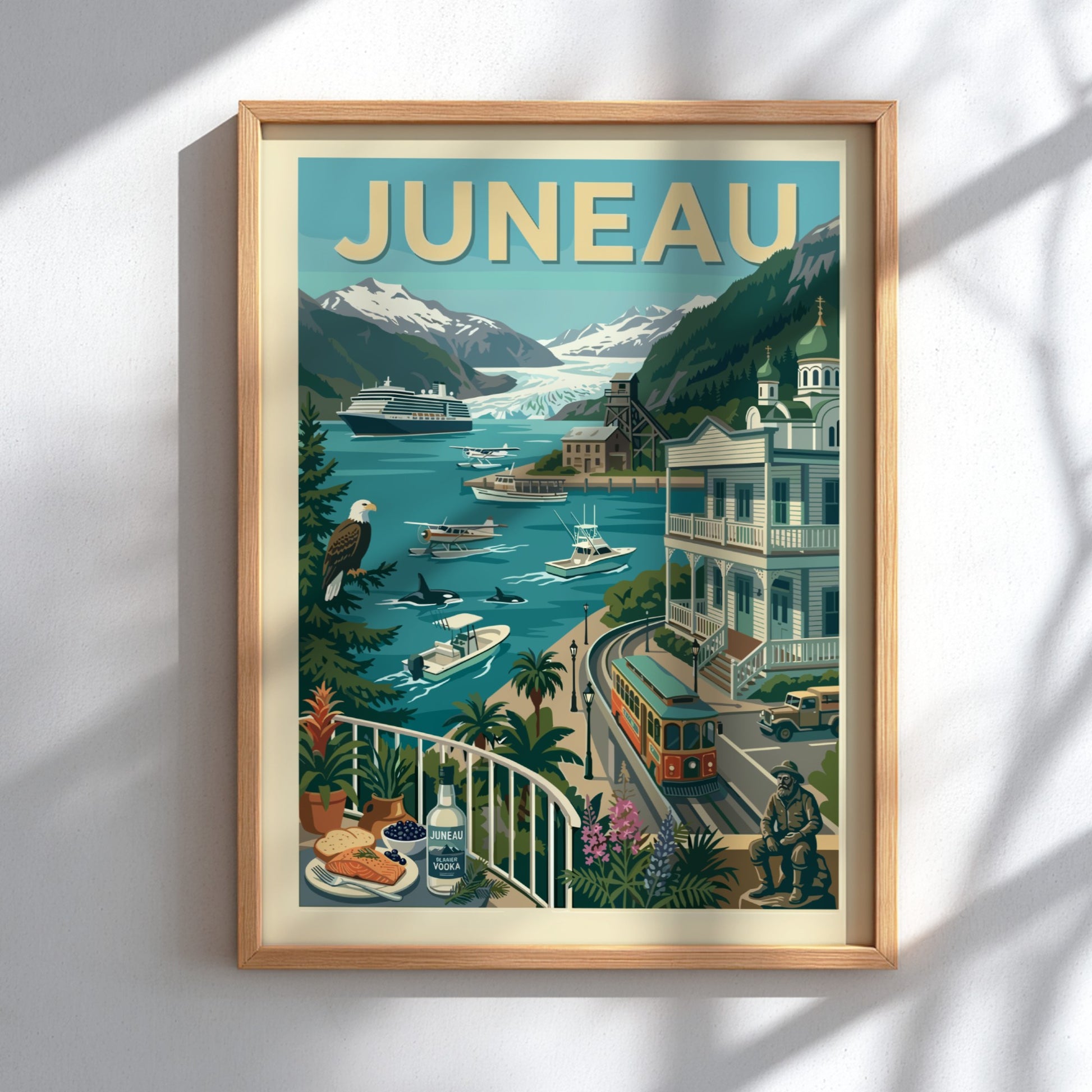 Vintage Juneau travel poster with cruise ship, mountains, and wildlife in a retro art style.